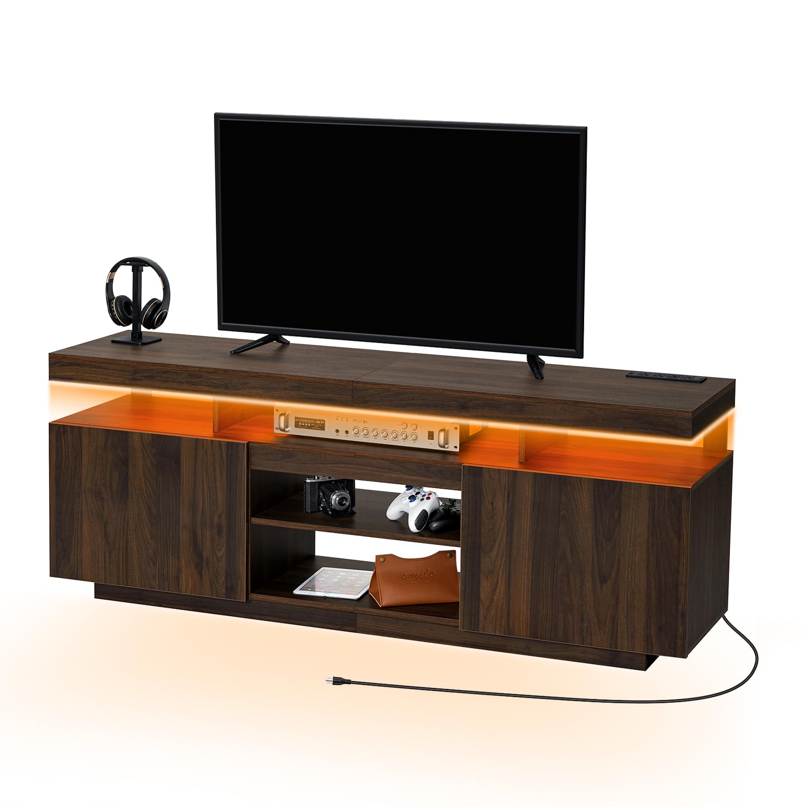 HOMMPA LED TV Stand with Power Outlets for up to 70" TV Modern Entertainment Center with Storage, Gaming TV Consoles with LED Lights Game Cabinet for Living Room Walnut - WoodArtSupply