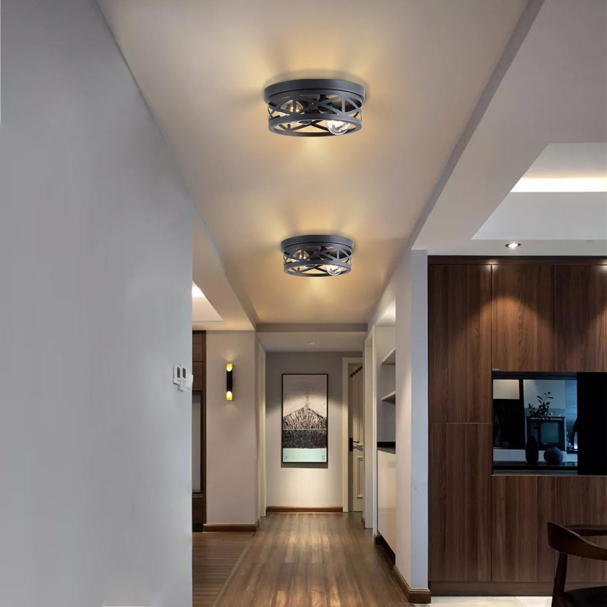 Litaddscen 2 Pack Black Farmhouse Flush Mount Ceiling Light,2-Light Rustic Hallway Light Fixtures,Industrial Lighting Fixtures Ceiling Mount for Kitchen Hall Entry Bedroom Closet Litaddscen