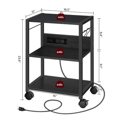 MAHANCRIS Industrial Printer Cart, 3-Tier Mobile Printer Stand, Rolling Cart with Power Outlets and USB Ports, Home Printer Stand with 2 Hooks, for Office, Living Room, Black PTHB40E01 - WoodArtSupply