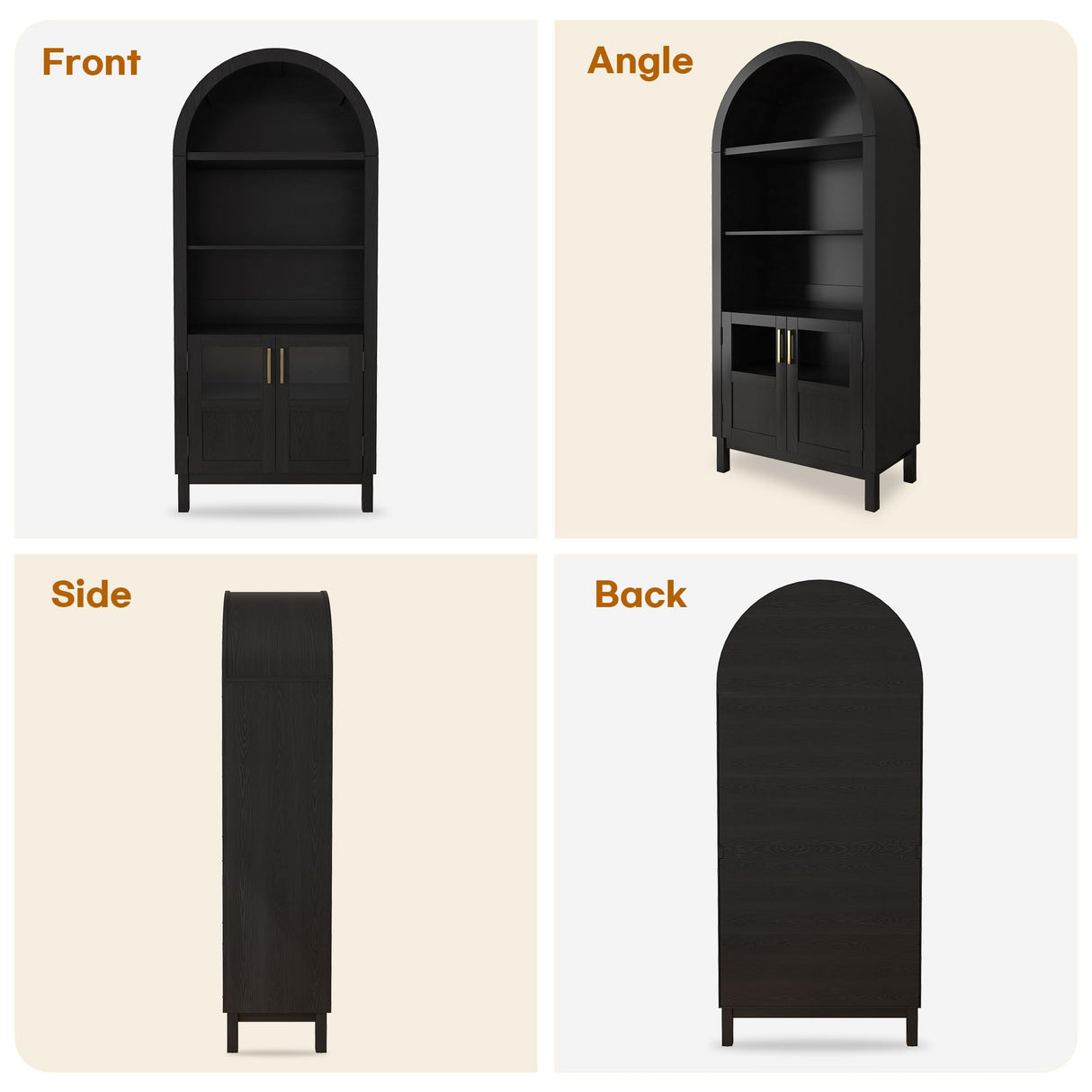 BOMETAO 70" Tall Arched Cabinet, 5-Tier Arch Bookshelf Bookcase with Open & Adjustable Shelves, Glass Door & Metal Handle, Pantry Display Storage Cabinets Cupboard for Kitchen, Living Room, Black BOMETAO