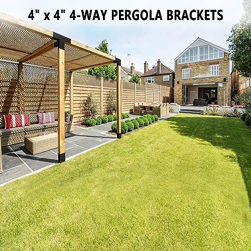 DEVALLEY 4-Way Right Corner Pergola Brackets Kit,Woodwork Brackets with Post Anchors for 4" x 4"(Actual:3.5"x3.5") Wood Beams for Patio Pergolas,Gazebos,Log Cabin W/Hardware (4 Pack)…