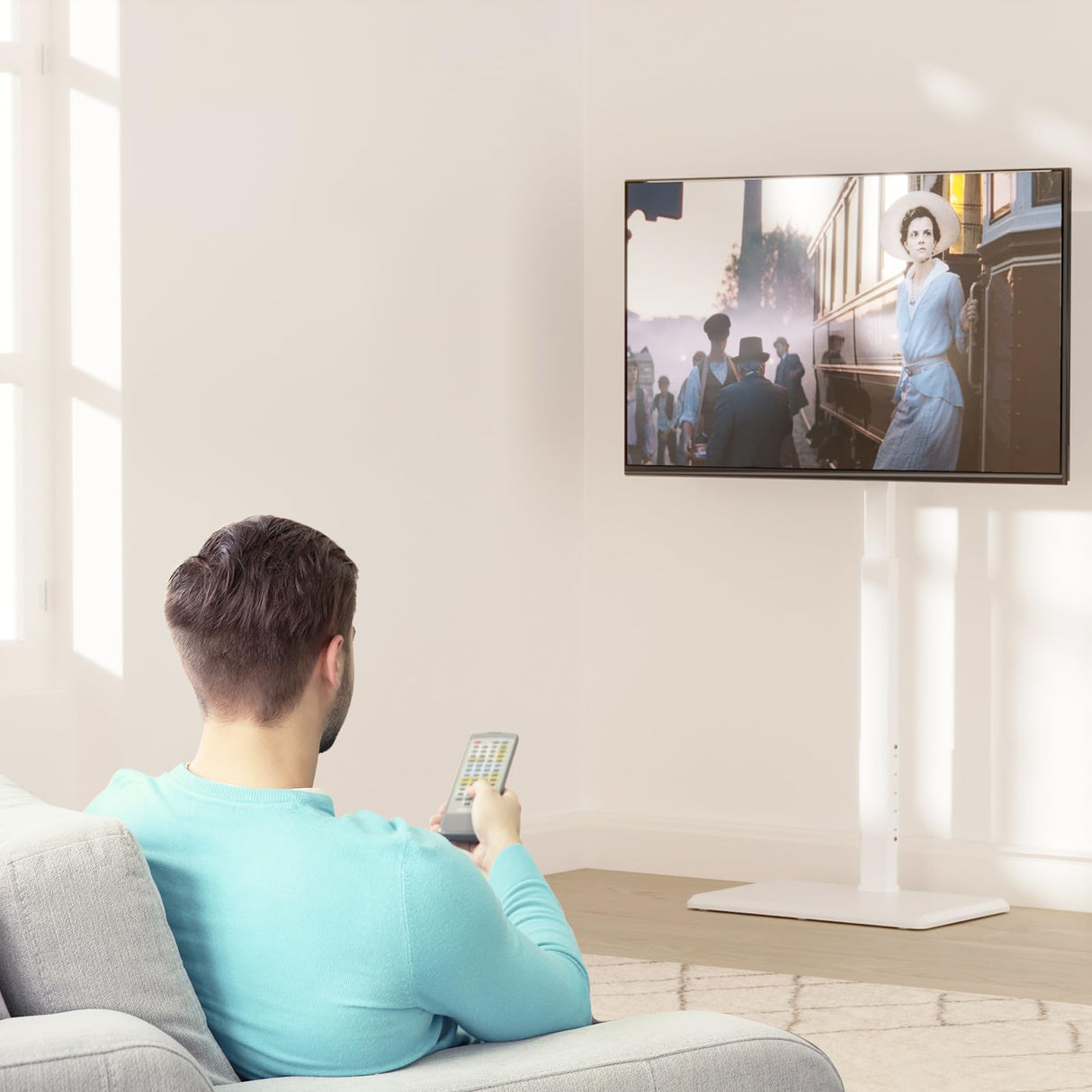 WALI Floor TV Stand with Power Outlet, Tall TV Stand Mount for 32-70 inch TVs up to 110 lbs, Swivel and Height Adjustable TV Stands with Wood Base for Bedroom, Office(TVDVD-7PW), White WALI