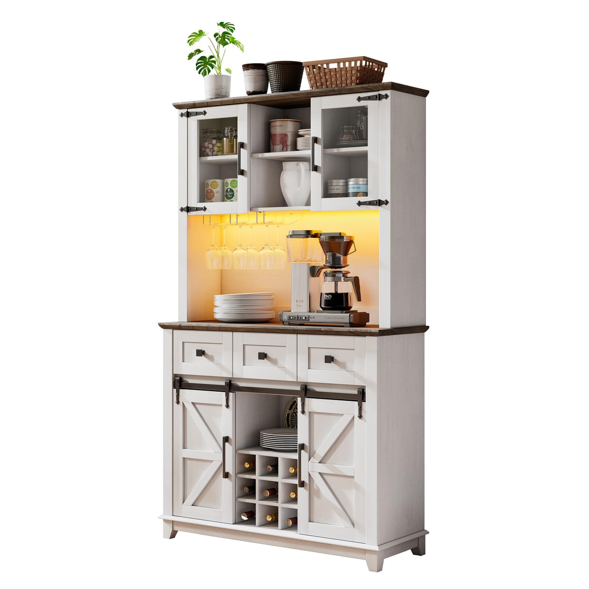 LUXOAK 72" Coffee Bar Wine Cabinet with Sliding Barn Door & LED Lights, Sideboard Buffet Cabinet with Wine Bottle Rack, 3 Drawers, Storage Cabinet for Kitchen, Dining Room, White LUXOAK