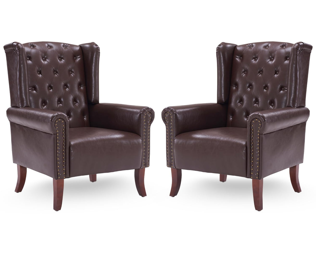 MOJAY Mid-Century Modern Living Room Chairs Set of 2, Upholstered Faux Leather Accent Chairs Club Arm Chair, Single Sofa Chair with Solid Wooden Legs for Bedroom Study Home Office Lounges(Caramel) MOJAY