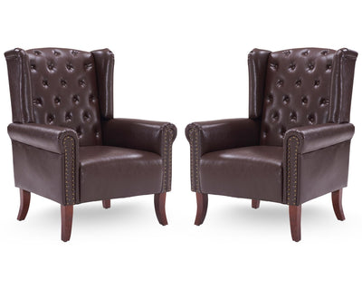 MOJAY Mid-Century Modern Living Room Chairs Set of 2, Upholstered Faux Leather Accent Chairs Club Arm Chair, Single Sofa Chair with Solid Wooden Legs for Bedroom Study Home Office Lounges(Caramel)