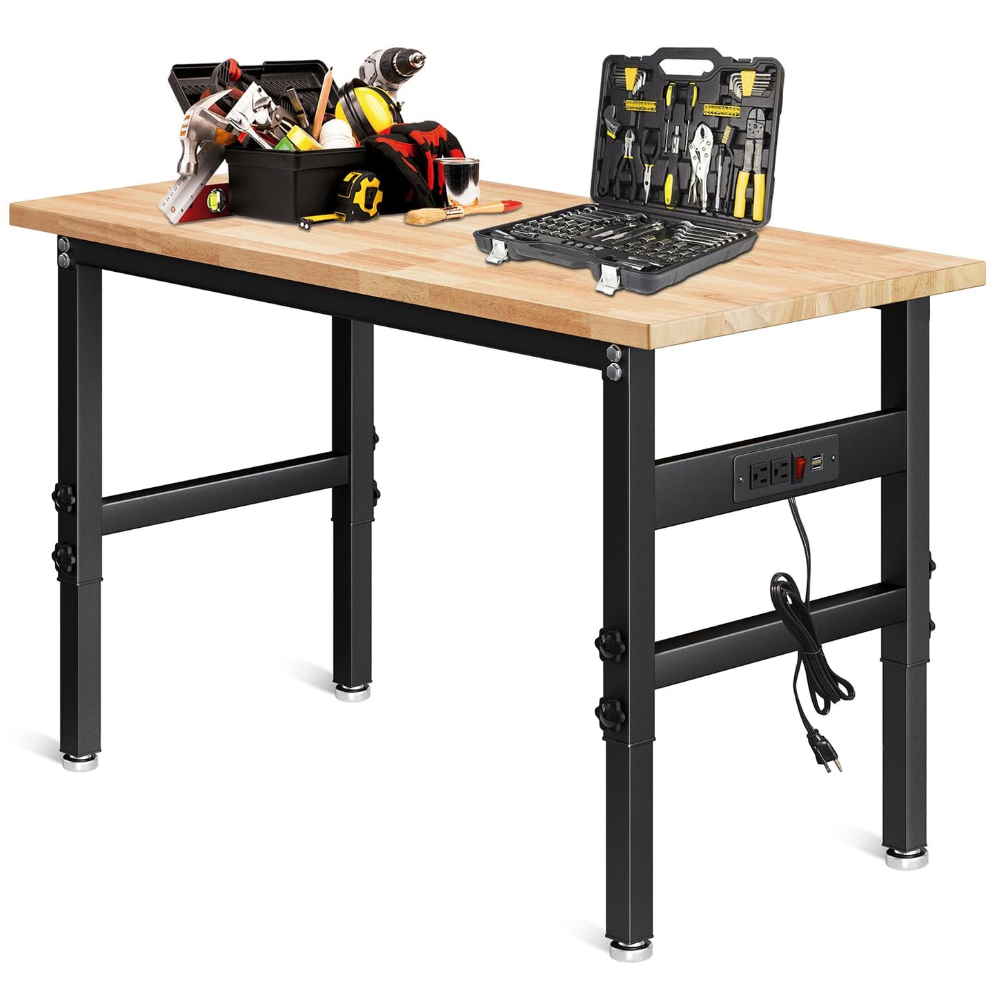 48" Adjustable Work Bench with Power Outlet & Soild Oak Hardwood Top - Heavy-Duty Worktable for Garage, Workshop, Office, Home - 2000 lbs Capacity - WoodArtSupply