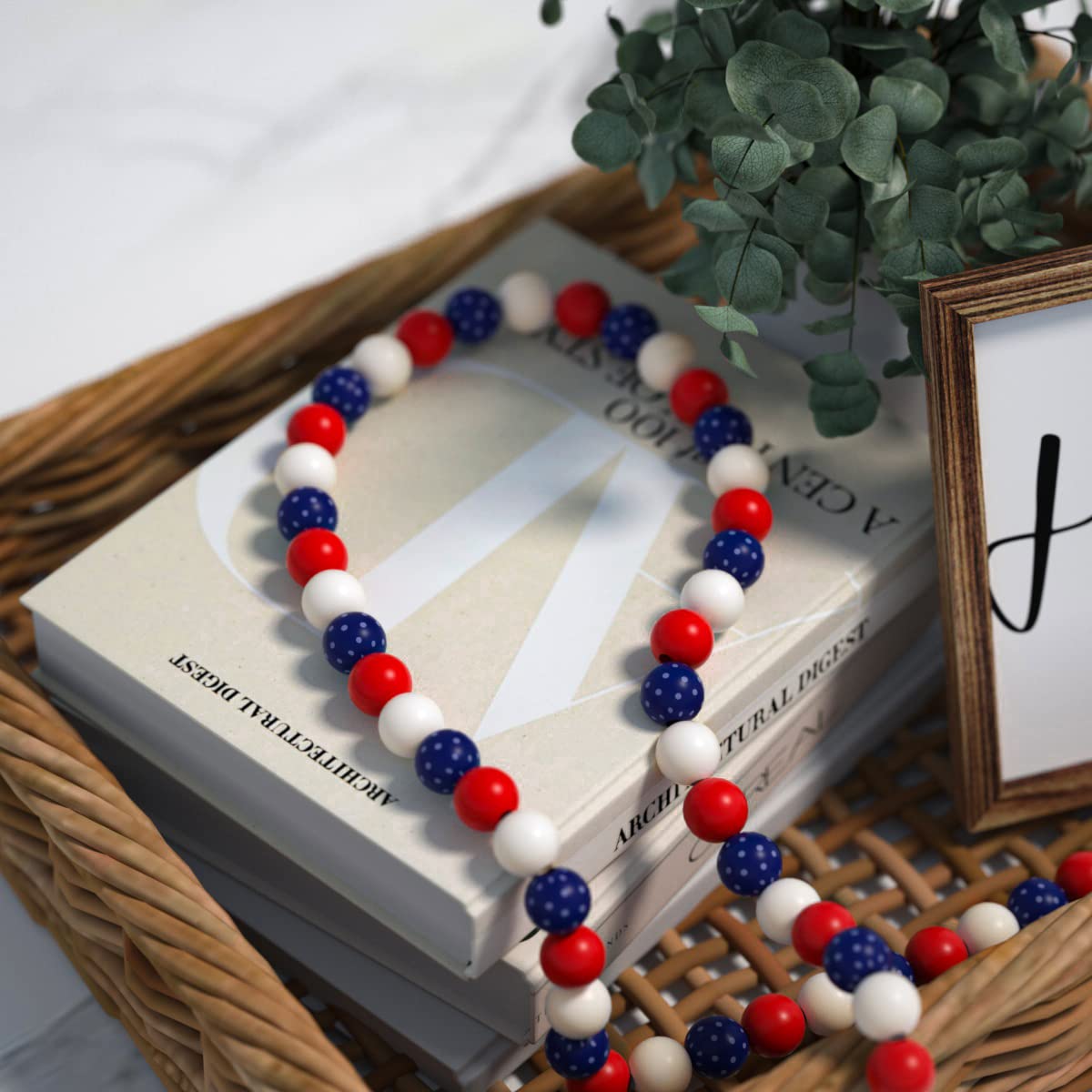 Patriotic Wood Bead Garland,YuanDe 2pcs 4th of July American Wooden Beads String Jute Rope Tassel,Farmhouse Rustic Hanging Bead Garland for Memorial Independence Day Vase Tiered Tray Wall Decor Gift YuanDe