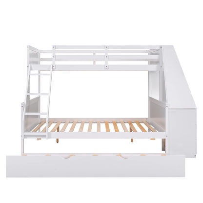 Modern Twin Over Full Bunk Bed with Desk, Trundle, and Storage Drawers in White - WoodArtSupply