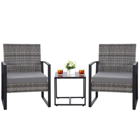 HYDRAGARDEN 3PCS Patio Furniture Set, Outdoor Wicker Bistro Conversation Set with Padded Cushions & Glass Table, Garden Rattan Chair Set for Porch Balcony Backyard (Plus Grey Wicker & Grey Cushions) EARLGROVE