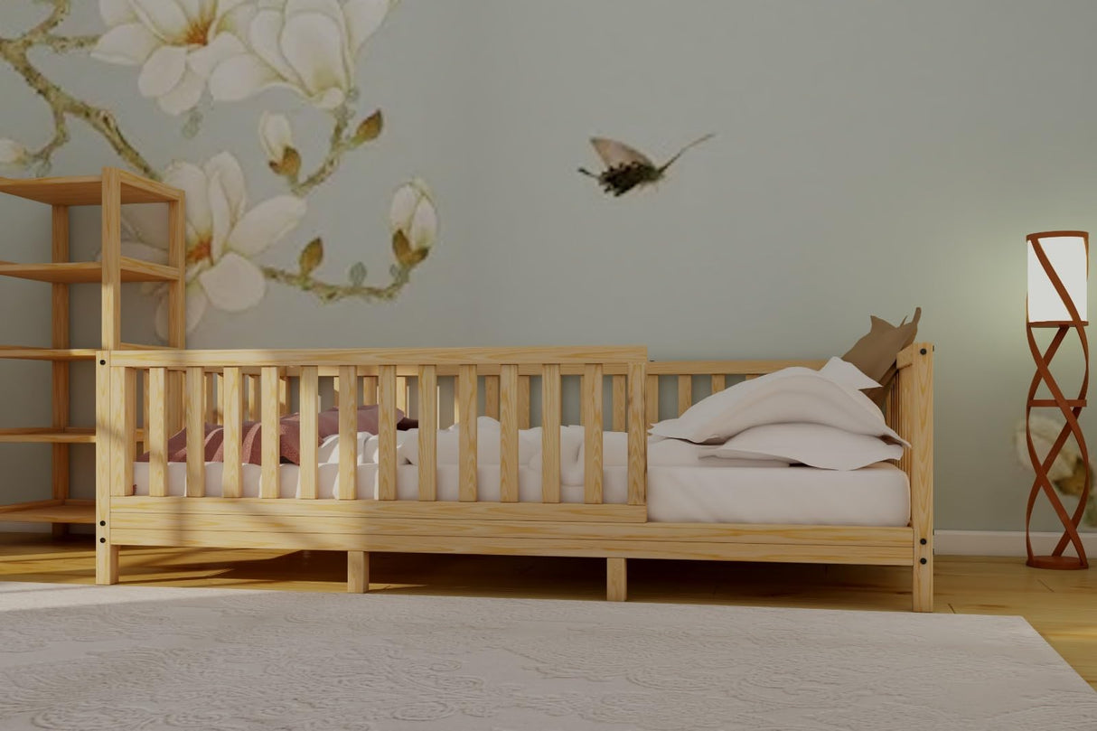 Montessori Floor Bed Designed with Open Front for Girls and Boys | Pine Wood Natural Solid Frame Bed Footed Model with Slats | Sturdy Designed Floor Bed Frame for Kids (Crib, Height : 23 Inches) wood and montessori