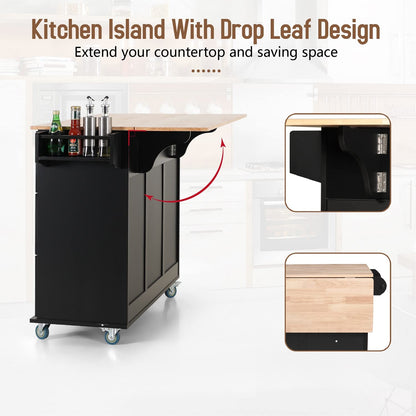 MFSTUDIO Rolling Kitchen Island on Wheels with Drop-Leaf, Mobile Kitchen Island Cart with 3 Drawers Storage Cabinet, Wood Countertop, Adjustable Shelf, Towel Bar and Spice Rack for Dining Roo - WoodArtSupply