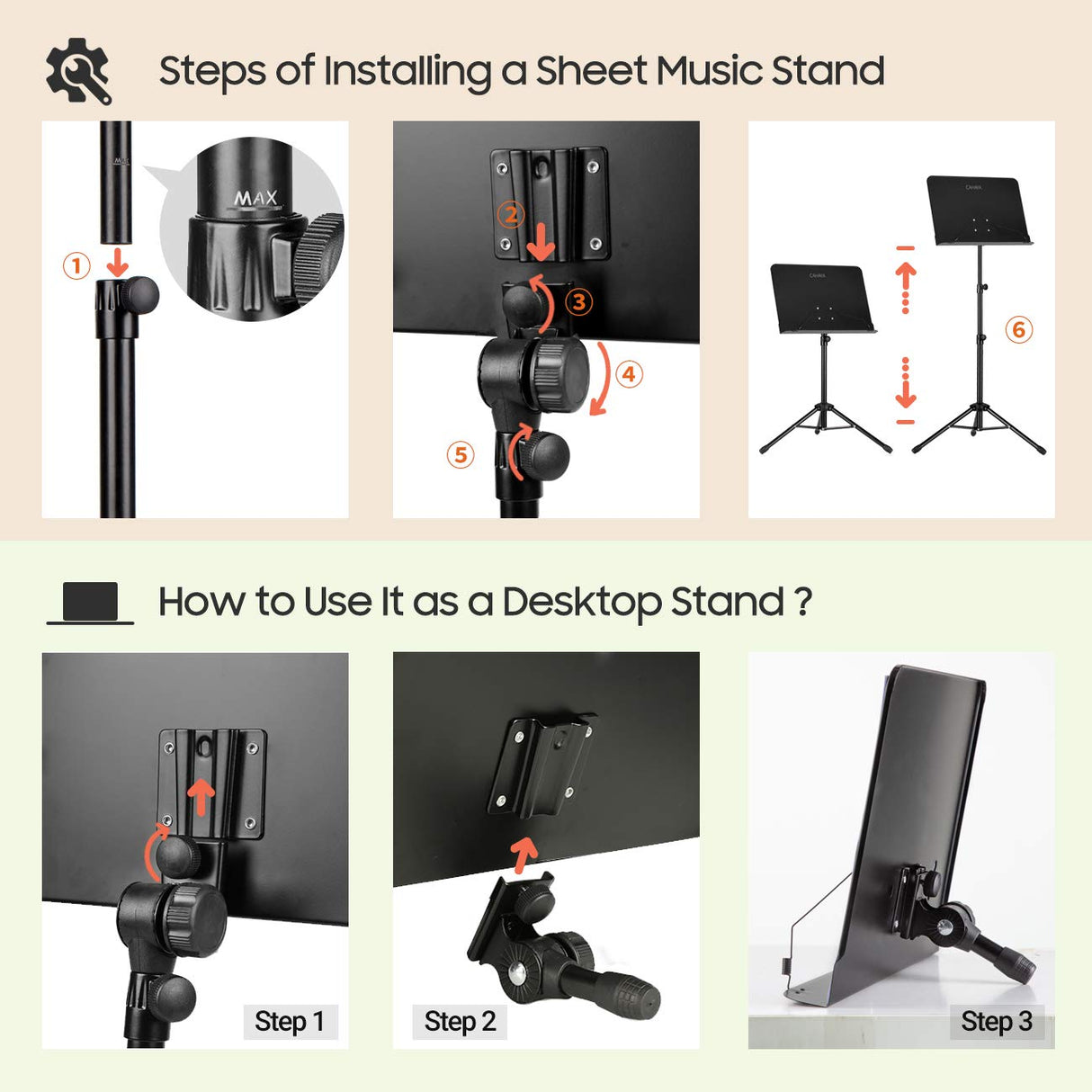 CAHAYA 5 in 1 Dual-use Sheet Music Stand & Desktop Book Stand Metal Portable Solid Back Height Adjustable from 31.4-57in with Book Stand Support, Carrying Bag, Sheet Music Folder and Clip CAHAYA