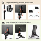 CAHAYA 5 in 1 Dual-use Sheet Music Stand & Desktop Book Stand Metal Portable Solid Back Height Adjustable from 31.4-57in with Book Stand Support, Carrying Bag, Sheet Music Folder and Clip CAHAYA