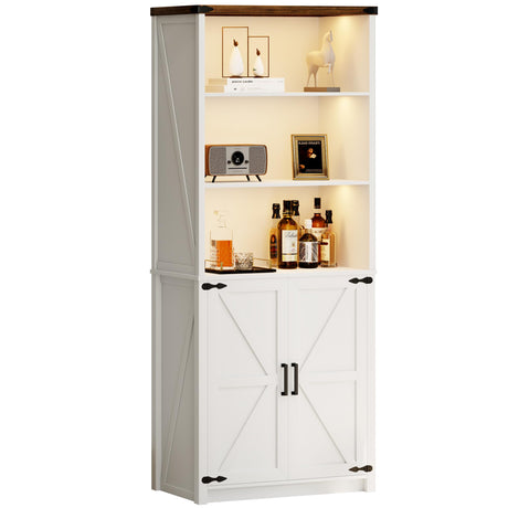 Elegant Farmhouse White Tall Bookcase with LED Lighting & Storage Cabinet HWB