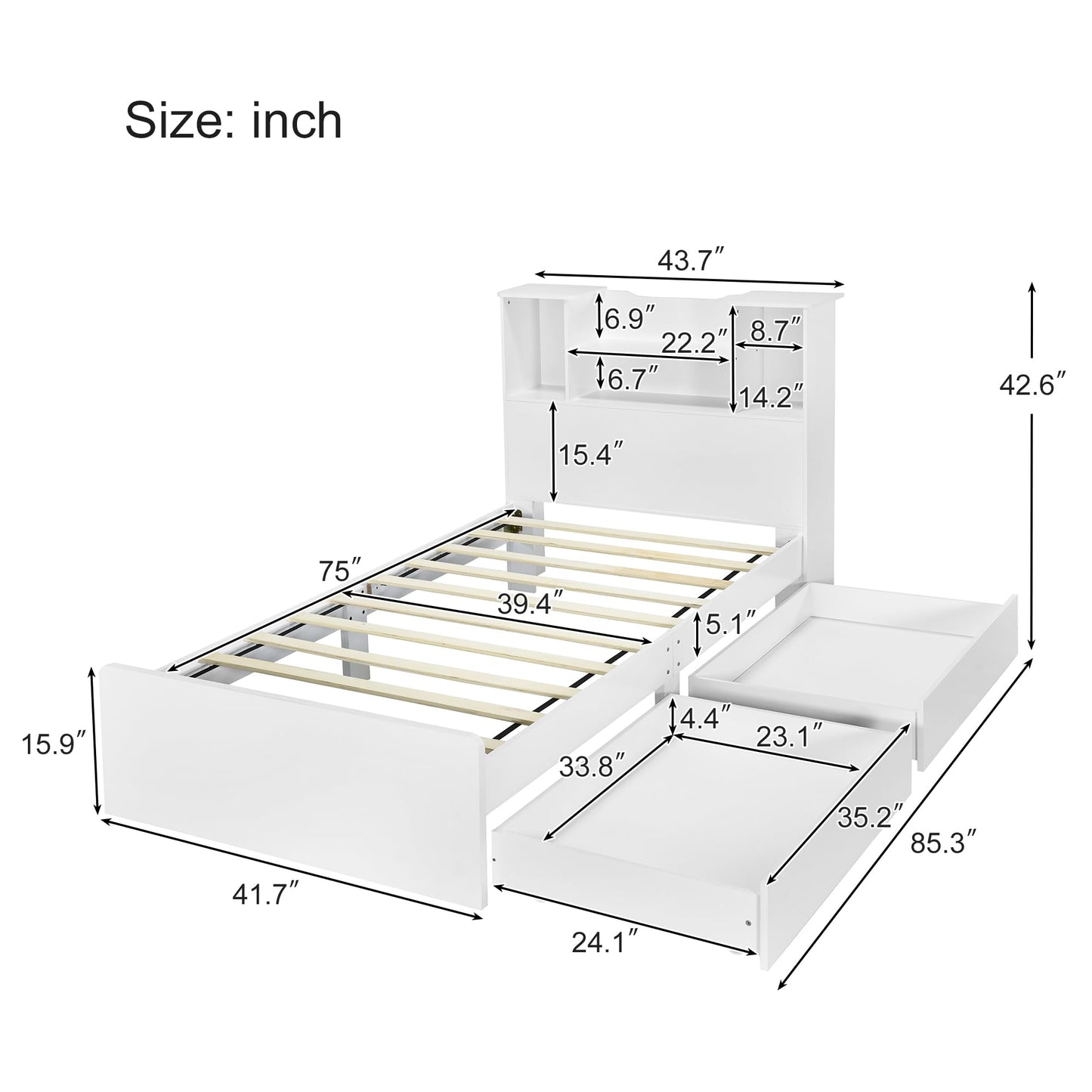 SOFTSEA Twin Size Captain Bed with Storage Shelves, Drawers, and LED Light – White Wood Frame - WoodArtSupply