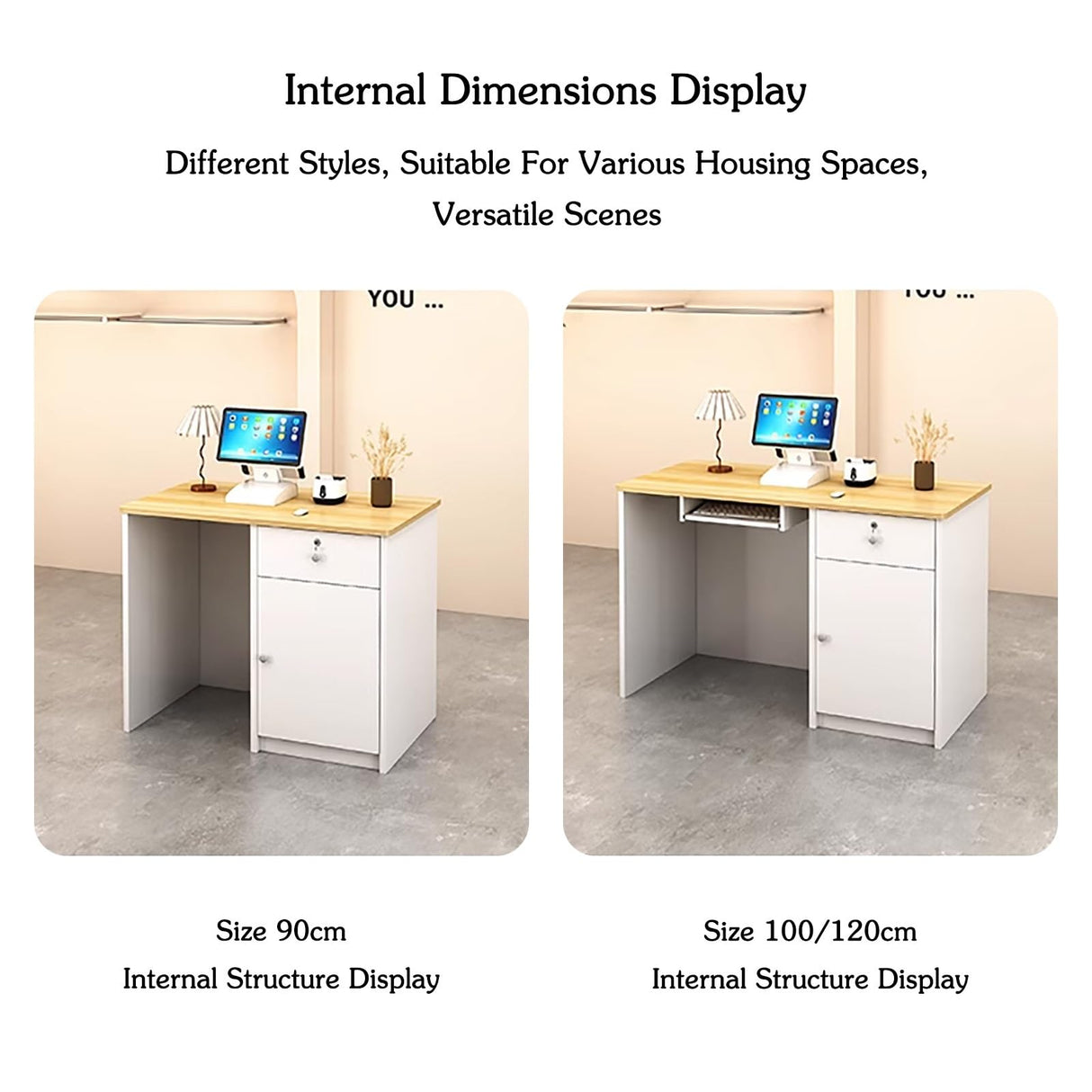 Modern Reception Desk Counter Table with Lockable Drawer Reception Room Front Desk with Storage Cabinet Retail Counter with Keyboard Tray for Salon Checkout Office(O,100cm/39.4in) BEBANE