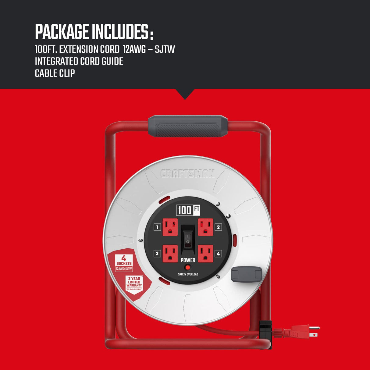 CRAFTSMAN 100 Ft. Contractor Retractable Extension Cord Reel With 4 Outlets & Heavy Duty 12AWG SJTW Cable CRAFTSMAN