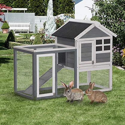 PawHut 48" Wooden Rabbit Hutch Bunny Cage with Waterproof Asphalt Roof, Fun Outdoor Run, Removable Tray and Ramp, Grey - WoodArtSupply