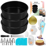 RFAQK 133PCs Round Cake Pans Sets for Baking + Cake Decorating Kit with NonStick 8 Inch Cake Pan Set of 3 -Icing Tips,Cake Leveler,Spatula, Multifunctional Cake Pan, Baking Supplies Gift & eBook RFAQK
