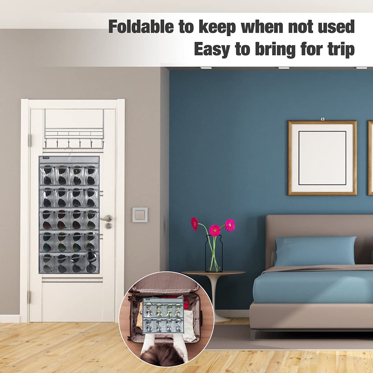 ANZORG Dual Sided Hanging Sunglasses Organizer Storage Wall Mounted Eyeglasses Holder Eyewear Display Case with 40 Clear Slots (40 Pockets-Grey) ANZORG