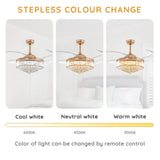 MOOONICHE 48 Inch Crystal Ceiling Fan with Light and Remote Modern Dimmable Fandelier Invisible Retractable Chandelier Fan Gold for Bedroom Living Room MOOONICHE