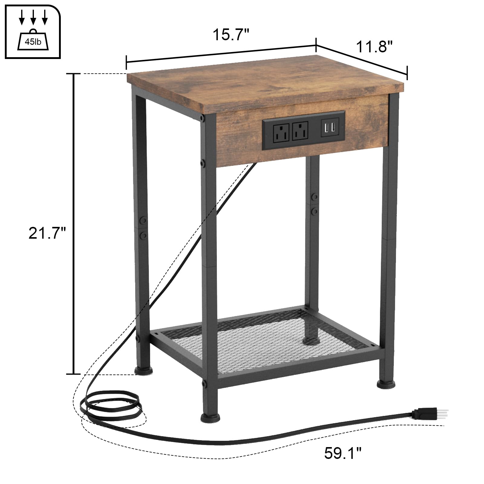 Fixwal Nightstands Set of 2 with Charging Station, End Tables with U-S-B Ports and Power Outlets, Narrow Bedside Table Set of 2 for Living Room, Farmhouse, Sofa Couch (Rustic Brown) - WoodArtSupply