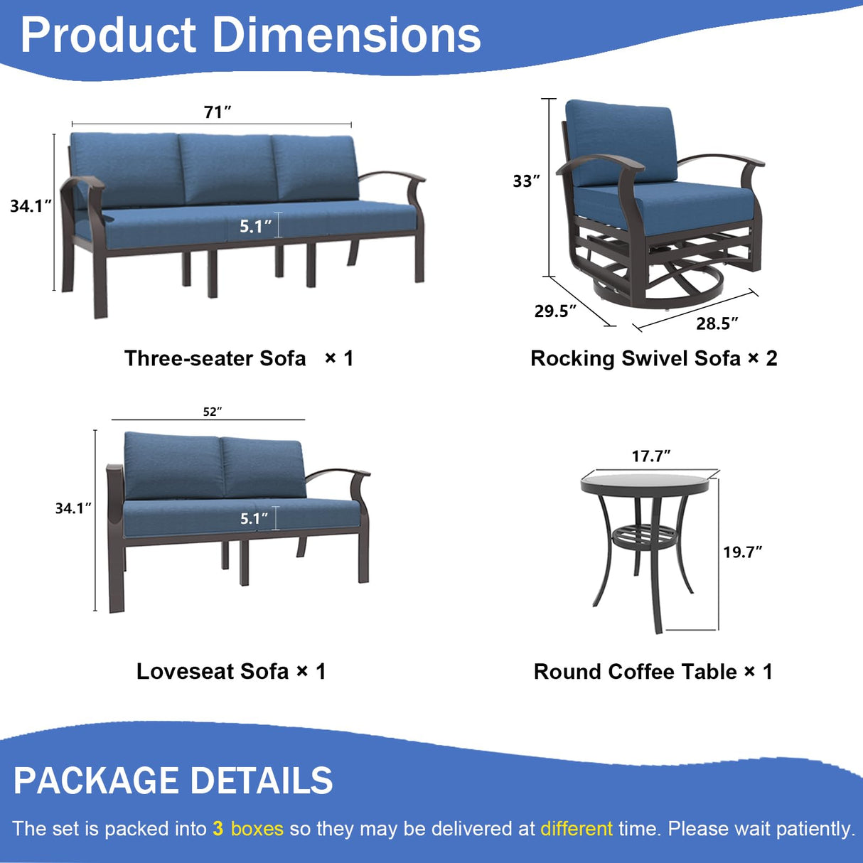 ALAULM Aluminum Patio Furniture Set with 2 Swivel Chairs 7-seat Metal Outdoor Furniture Patio Sectional Sofas Patio Conversation Set w/5.1" Cushions for Patio, Backyard, Poolside-Dark Blue ALAULM