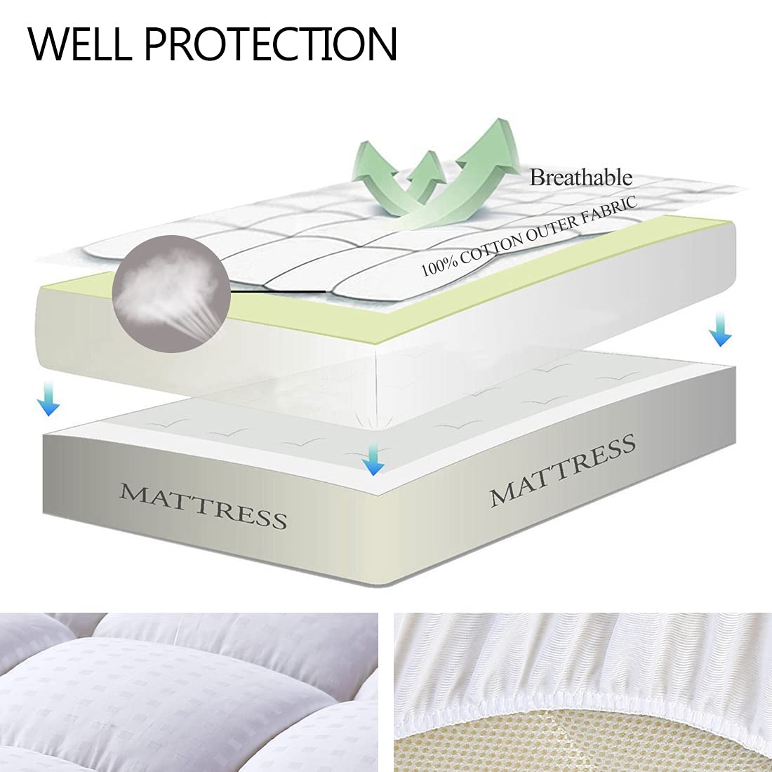 EASELAND California King Mattress Pad Pillow Top Mattress Cover Quilted Fitted Mattress Protector Long Cotton Top 8-21" Deep Pocket Cooling Mattress Topper (72x84 Inches, White)