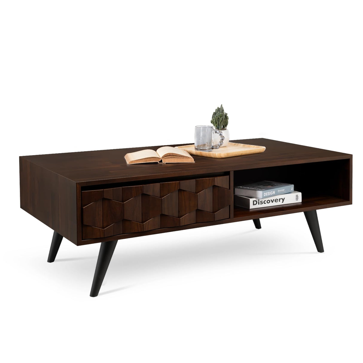Bme Georgina Solid Wood Coffee Tables for Living Room, Coffee Table Mid Century Modern with 2 Symmetrical Storage Drawers & Geometric Details, Fully Assembled Center Table, Walnut Bme