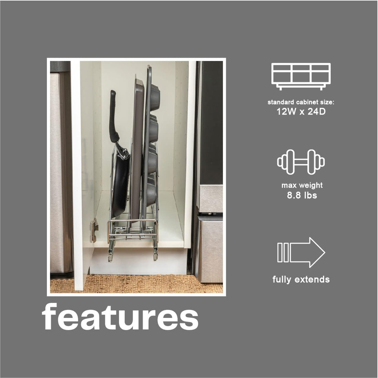 Household Essentials Glidez Multipurpose Chrome-Plated Steel Pull-Out/Slide-Out Storage Organizer for Cookware and Bakeware - Fits Standard Size Cabinet or Shelf, Chrome Household Essentials