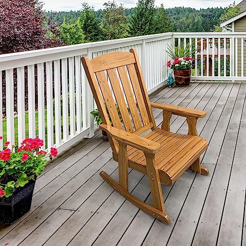 Wooden Rocking Chair with Comfortable Backrest Inclination, High Backrest and Deep Contoured Seat, Solid Fir Wood, Heavy Duty 600 LBS, for Both Outdoor and Indoor, Backyard, Porch and Patio - WoodArtSupply