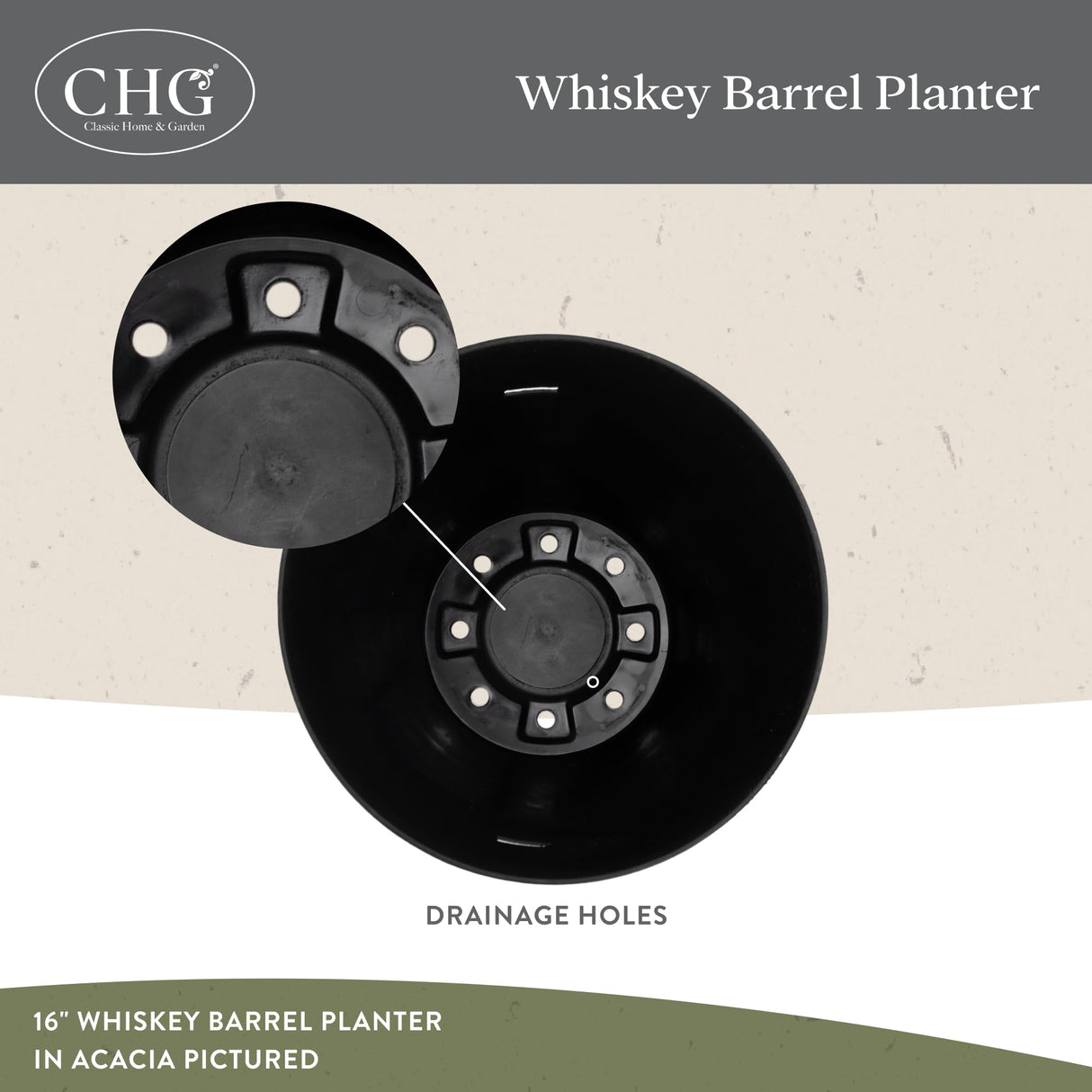 Classic Home and Garden Acacia Wood Whiskey Barrel Planter with Black Metal Band, 21in D x 12.5in H Classic Home & Garden