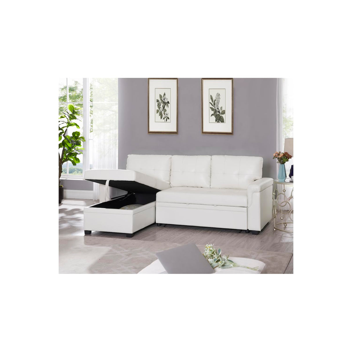 Naomi Home Transform Any Space: Sleeper Sectional Sofa with Convertible Sofa Bed & Inviting Chaise. Find Tranquil Comfort with Stress-Relieving Design & Durable Cushions - White/Air Leather Naomi Home