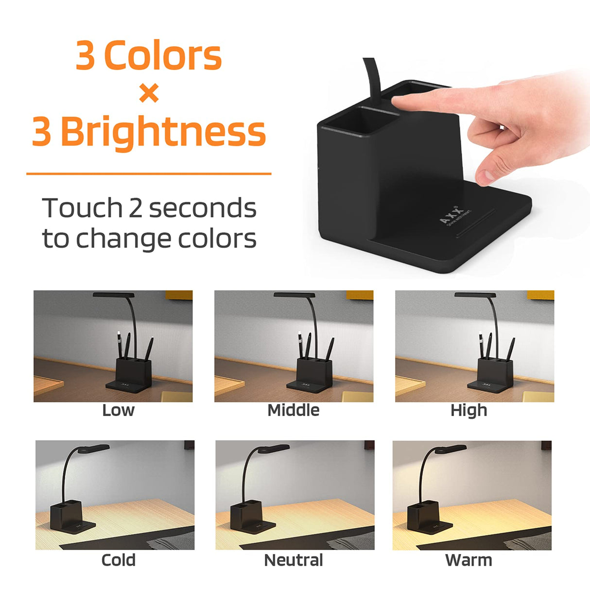 AXX Black LED Desk Lamp for Home Office Bedroom, Battery Operated Table Light for Computer Desktop, Small, Cute, Dimmable, Rechargeable, Flexible Gooseneck, Pen Holder, Phone Mount, Touch Control AXX