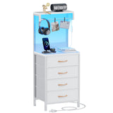 Furnulem White Tall Nightstand, LED Night Stand with Charger Station and Storage Shelves, 4 PU Finish Fabric Storage Drawers, Bedside Table, Bed Side Table for Bedroom,Dorm,Office Furnulem