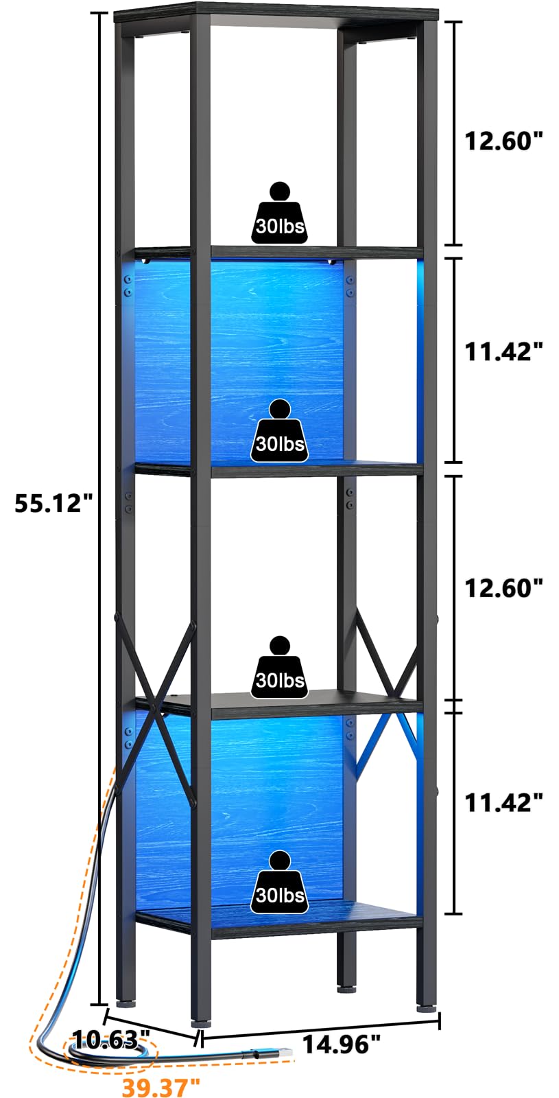 Furologee 5-Tier LED Bookshelf in Black Oak - Narrow Industrial Bookcase with Back Panel for Home and Office - WoodArtSupply