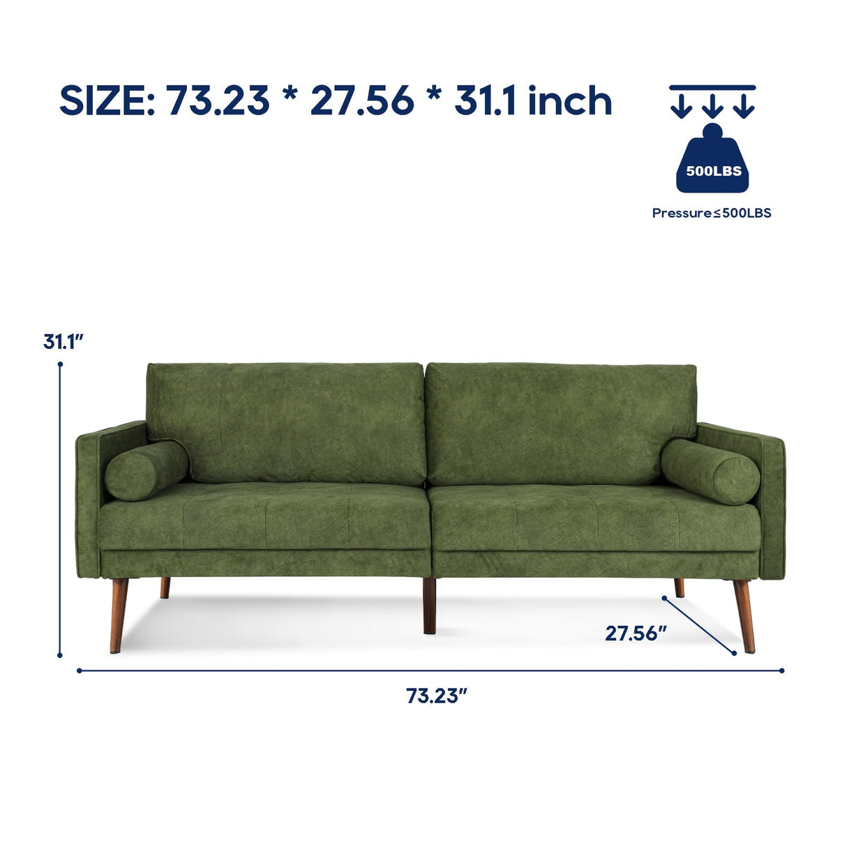 Vonanda Velvet Sofa Couch, Mid Century Modern Craftsmanship 73 inch 3-Seater Sofa with Comfy Tufted Back Cushions and 2 Bolster Pillows for Compact Living Room, Elegant Mustard Green Vonanda