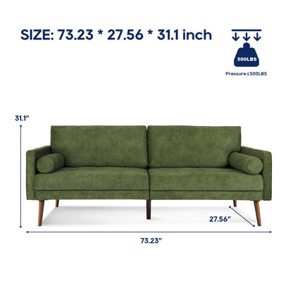 Vonanda Velvet Sofa Couch, Mid Century Modern Craftsmanship 73 inch 3-Seater Sofa with Comfy Tufted Back Cushions and 2 Bolster Pillows for Compact Living Room, Elegant Mustard Green