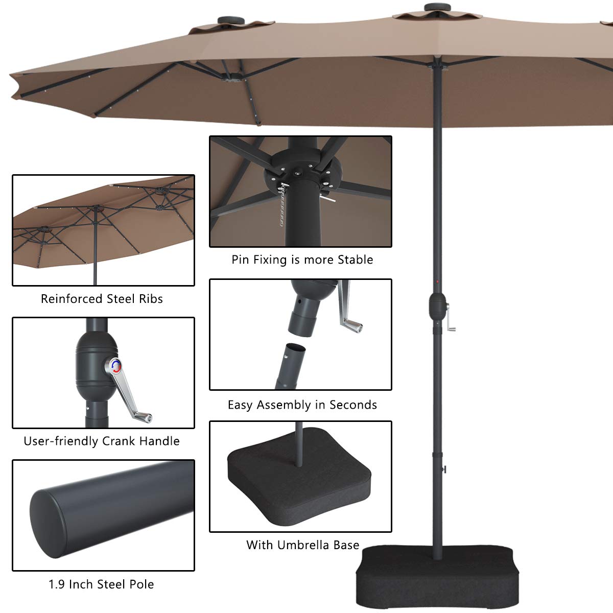 Tangkula 15 Ft Solar LED Patio Double-Sided Umbrella with Base, Outdoor Twin Umbrella, Extra Large Umbrella w/ 36 Solar Powered Lights & Crank System for Garden, Deck, Poolside, Patio (Tan) Tangkula