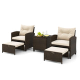 Tangkula 5 Piece Patio Rattan Furniture, Wicker Cushioned Chairs Set w/ 2 Ottomans & Tempered Glass Coffee Table, for Poolside, Backyard, Lawn, Deck (Mix Brown+Off White) Tangkula