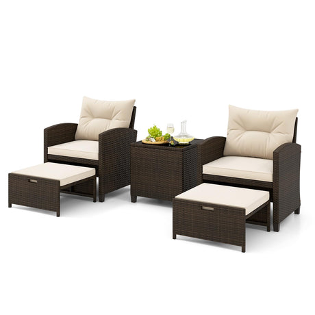 Tangkula 5 Piece Patio Rattan Furniture, Wicker Cushioned Chairs Set w/ 2 Ottomans & Tempered Glass Coffee Table, for Poolside, Backyard, Lawn, Deck (Mix Brown+Off White) Tangkula