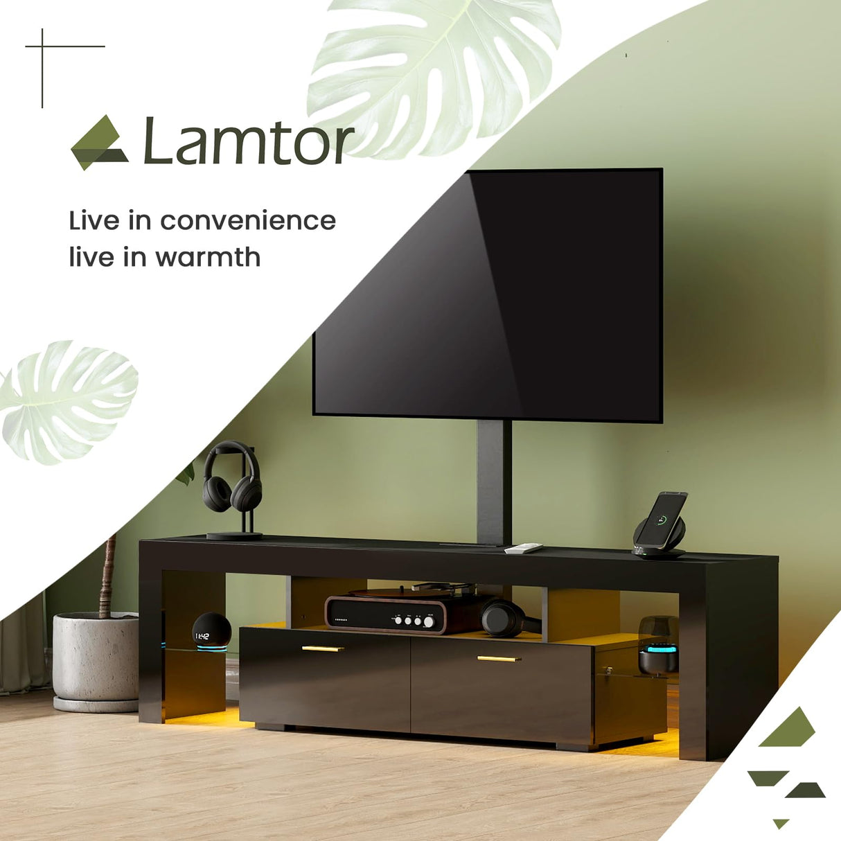 Lamtor TV-Stand with Mount 75 inch - LED TV Stand with Power Outlet & Drawers, Modern Entertainment Center with Mount for Living Room, Bedroom, Black Lamtor