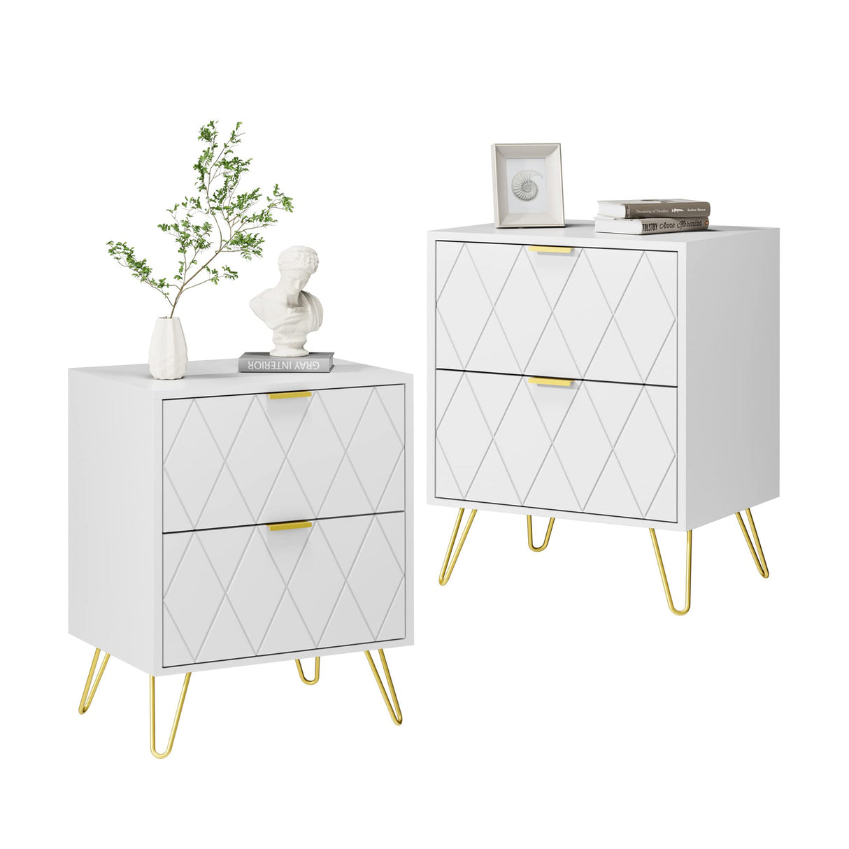 Anbuy White Nightstand Set of 2, End Side Table Double, Bedside Table with 2 Drawers, Dual Night Stand Metal Gold Legs for Bedroom Living Room Anbuy