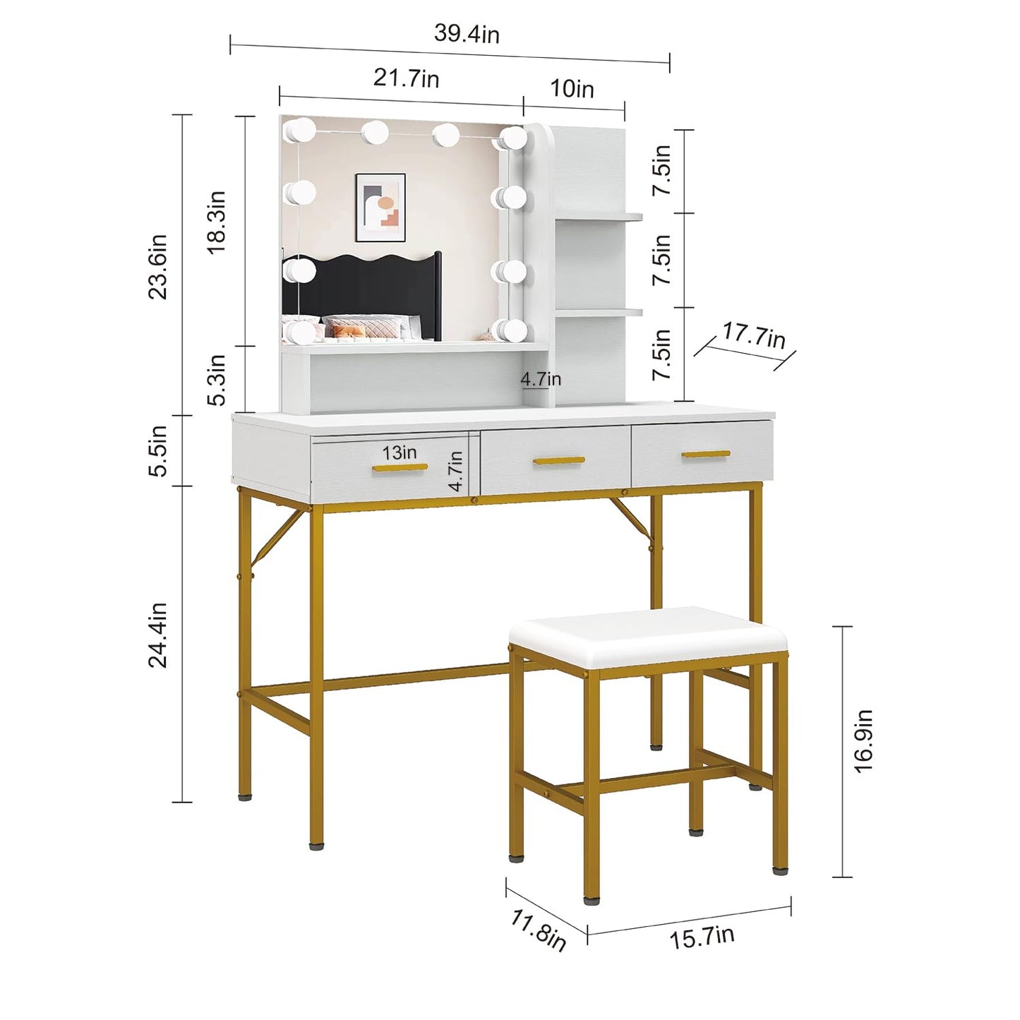 Vanity Table with Lighted Mirror, 3 Drawers Makeup Desk Dressing Table with Lots Storage Vanity Set with Wider Cushioned Stool for Bedroom (White) - WoodArtSupply