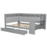 MaiDeHaoo Full Size Daybed with Storage Shelves and Upholstered Headboard, Corner Bed Frame with L-Shaped Bookcase, Drawers and Charging Station, Captains Bedframe with LED Light and Backrest, Grey MaiDeHaoo