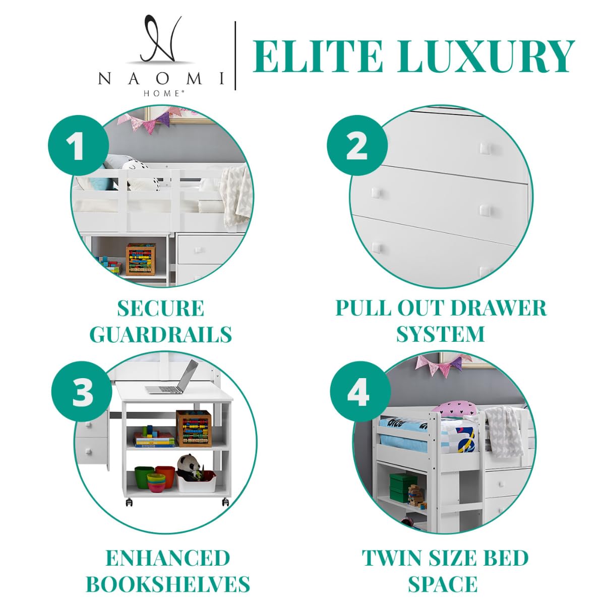 Naomi Home Twin Size Loft Bed with Storage, Desk, Cabinet Ladder, Low Study Pine Wood for Kids, Safety Guard Rails, Bookcase Shelf, White Naomi Home