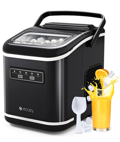 ecozy Countertop Ice Maker, Portable Ice Maker with Self-Cleaning, 9 Bullet Ice Cubes in 6 Mins, 26lbs/24Hrs, Ice Maker Machine with Ice Bags, Handle, Standing Scoop and Basket, Black, IM-BS261C