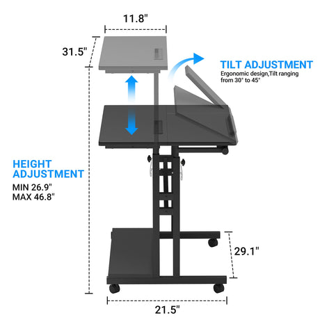 Panta Mobile Standing Desk, Adjustable Rolling Computer Desk with 3 Desktops, Portable Laptop Table with Desk Cup Holder, Home Office Laptop Workstation on Lockable Wheels, Black Panta