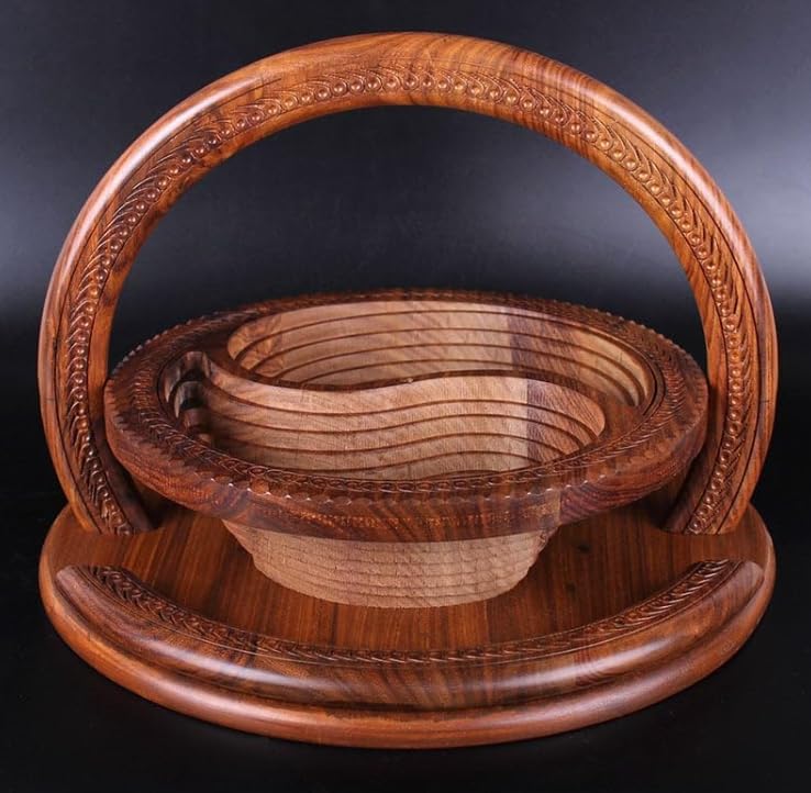 DSKMED Handmade Wood Carving Fruit Plate -Wooden Fruit Basket, Foldable Bamboo Dried Fruit Basket Collapsible Bread Nuts Baskets, (C) - WoodArtSupply