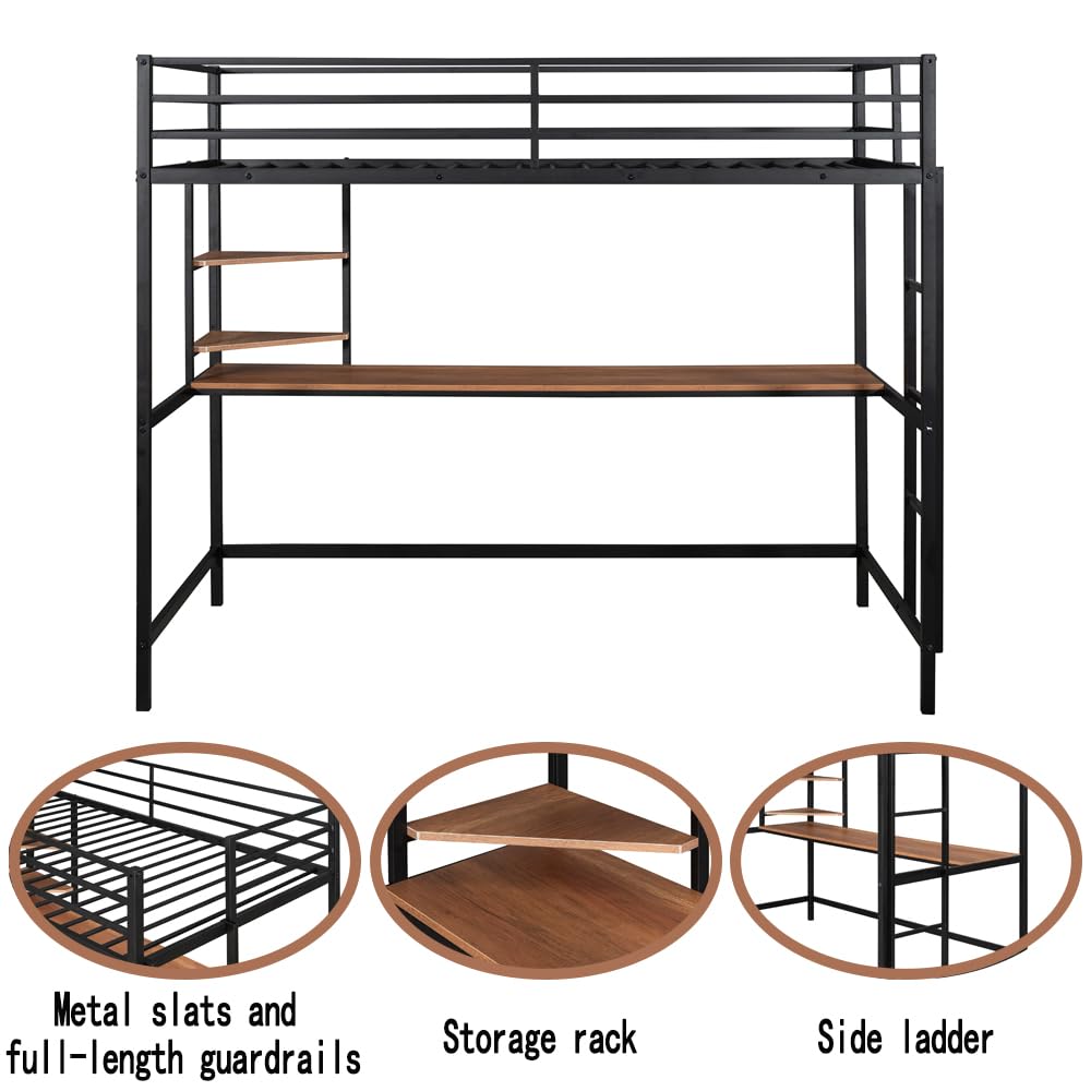 HomJoones Loft Bed with Desk, Loft Bunk Bed Over Desk and Bookcase with Metal Frame, 12.8" H Safety Guardrail, Noise Free, No Box Spring Needed, Twin (Black) HomJoones